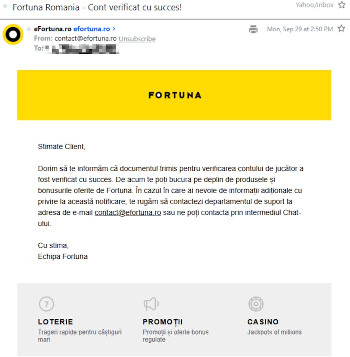 Verificare cont Fortuna cu confirmare pe adresa de e-mail după trimiterea pozei cu buletinul.