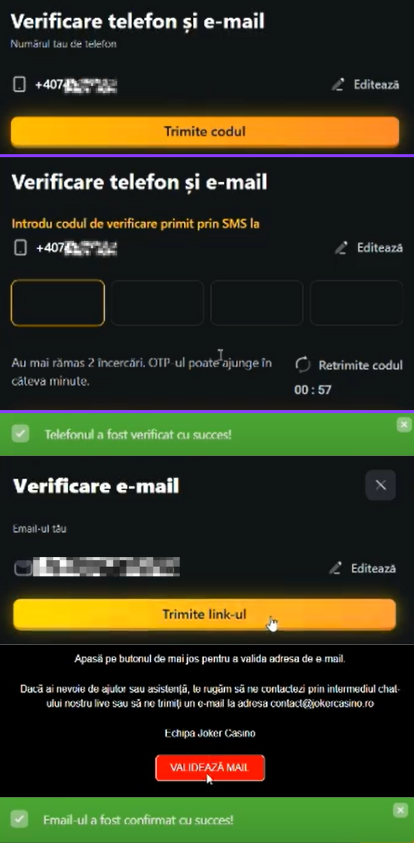 Verificarea adresei de e-mail și a numărului de mobil pe Joker casino. 