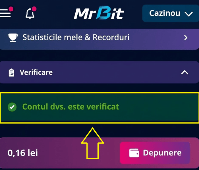 Mesaj de confirmare din platforma Mr Bit care atestă validarea cu succes a documentelor și verificarea completă a contului de jucător.