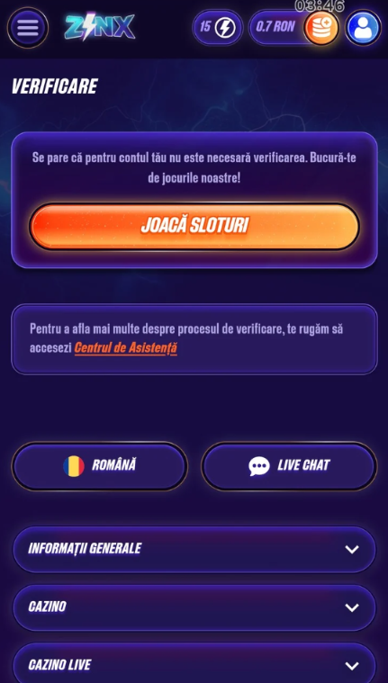 Mesaj din contul Zinx Casino care confirmă că verificarea identității KYC nu este necesară.