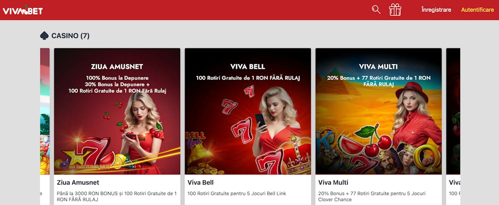 O parte din bonusurile disponibile la Vivabet casino cu rotiri gratuite și oferte la reîncărcare precum Ziua Amusnet unde bonusul este de 100% sau Viva Multi cu rotiri fără rulaj.