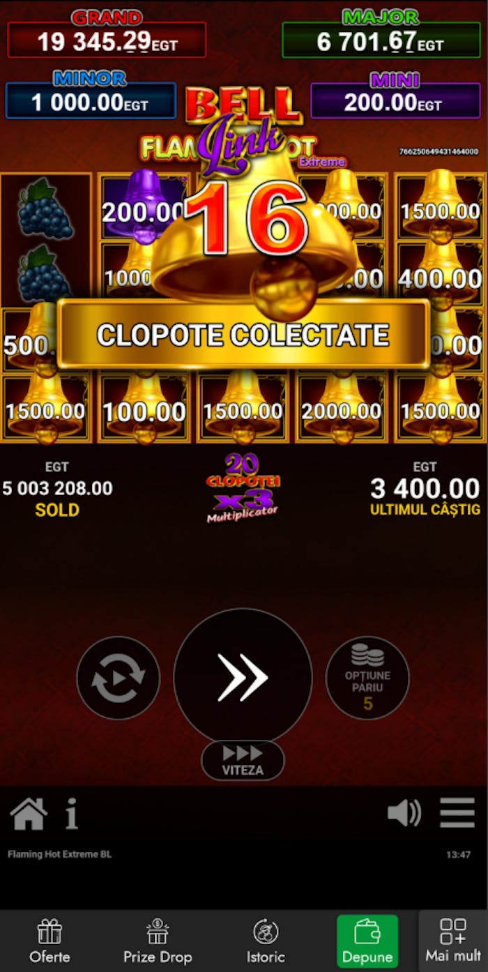 Am colectat 16 clopote pe Vivabet Romania la Flaming Hot.