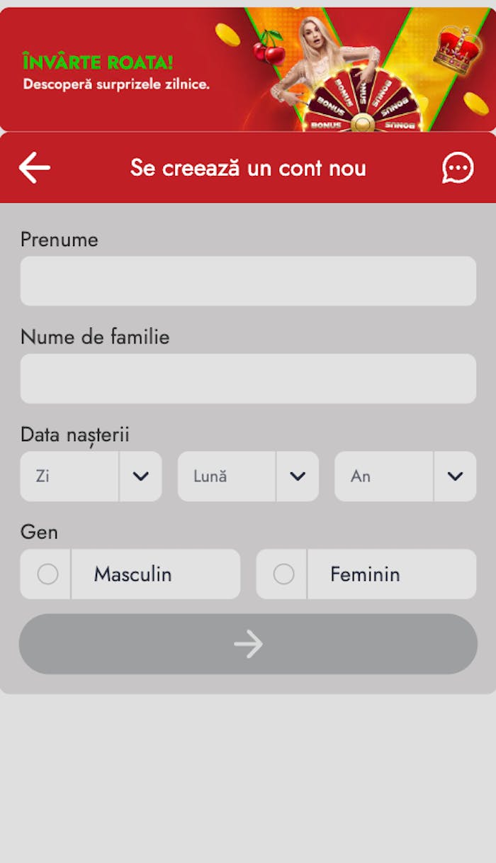 Pagina de inregistrare la Vivabet casino.
