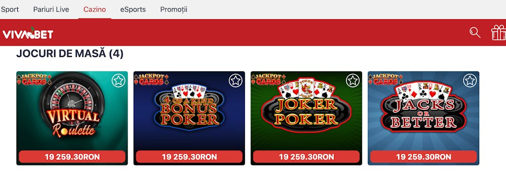 Chiar și la jocurile de masă ai posibiliatea să câștigi premii jackpot pentru jocuri precum Virtual Roulette, 4 of a kind Bonus Poker sau Joker Poker.