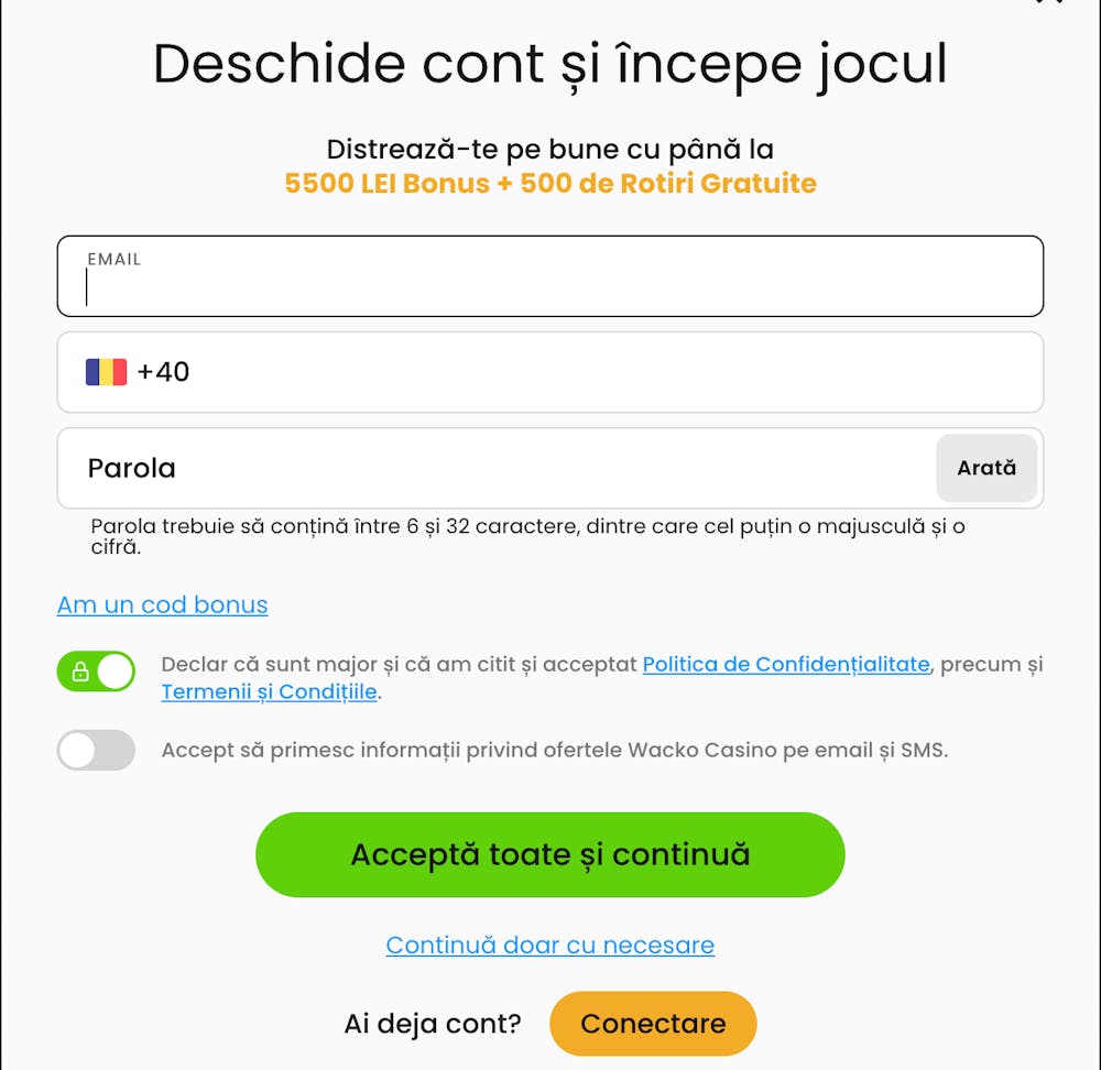 În formularul de înregistrare Wacko trebuie să introduci emailul, numărul de telefon și parola.
