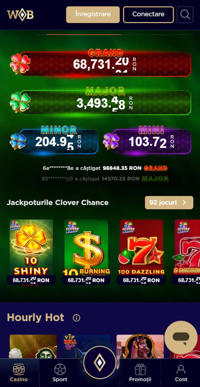 Exemplu de premii jackpot de peste 68 de mii de lei și jocuri Clover Chance de pe Winboss casino Romania.