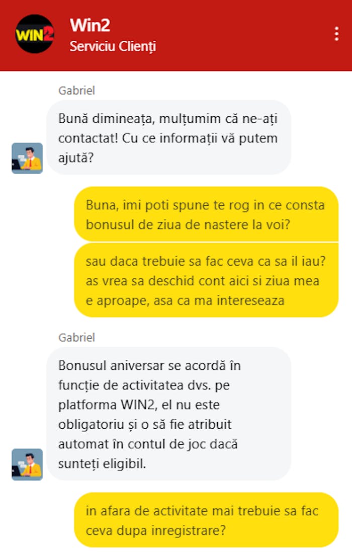 Conversația pe care am avut-o cu suportul Win2 pentru un bonus aniversar casino.