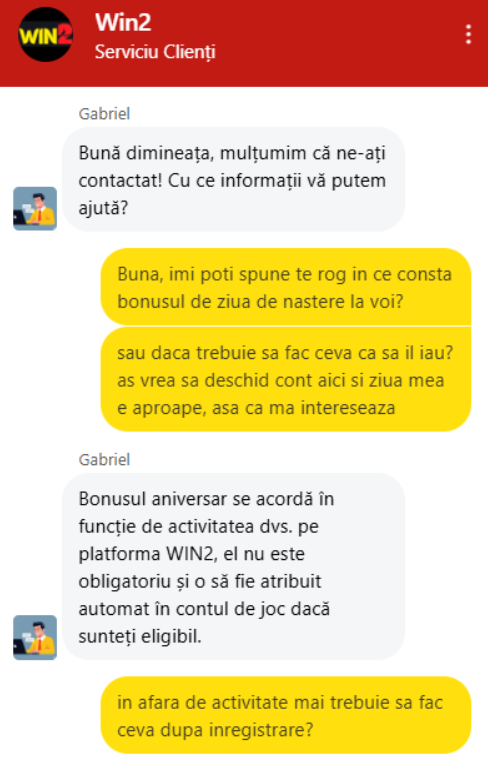 Conversația pe care am avut-o cu suportul Win2 pentru un bonus aniversar casino.