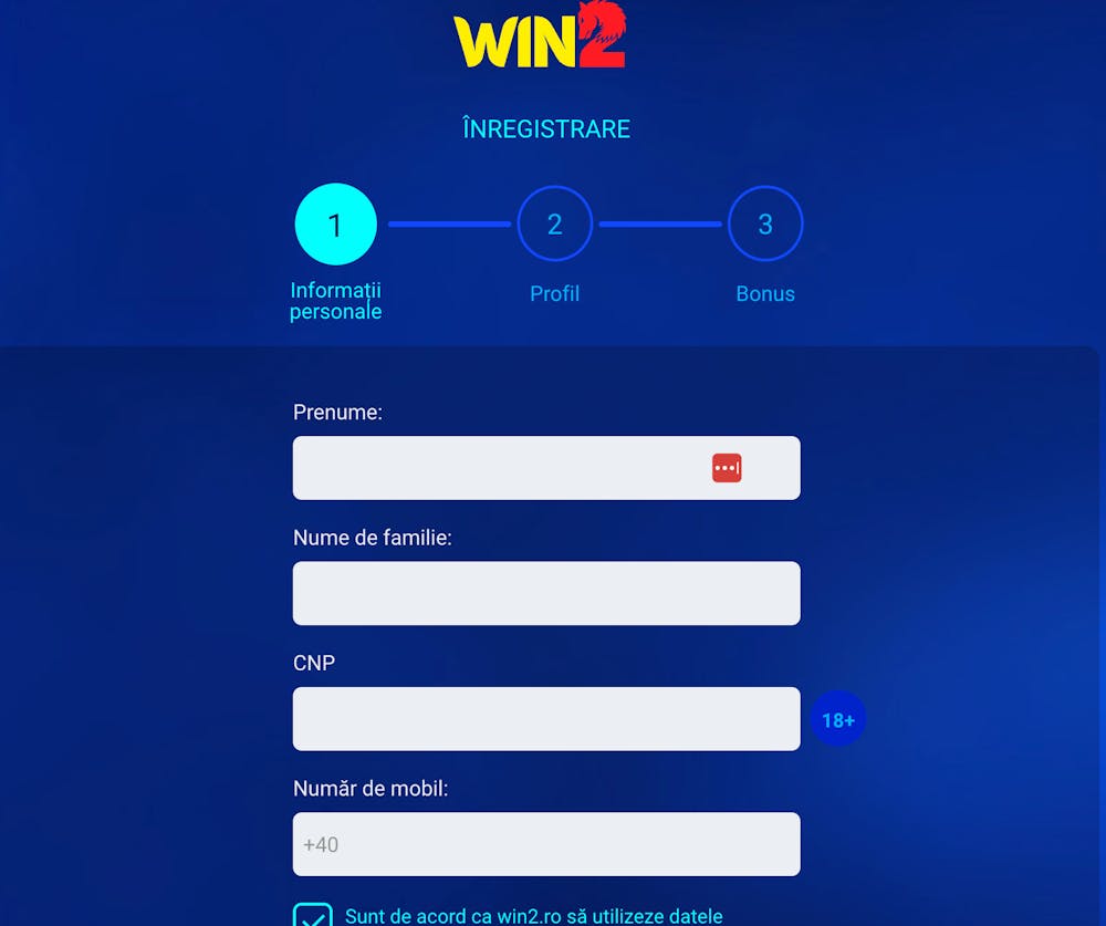 Primul pas pentru înregistrarea la Win2 casino.