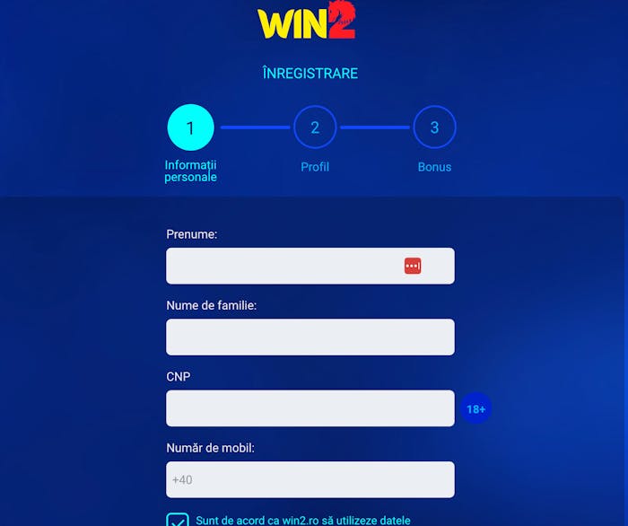 Primul pas pentru înregistrarea la Win2 casino.