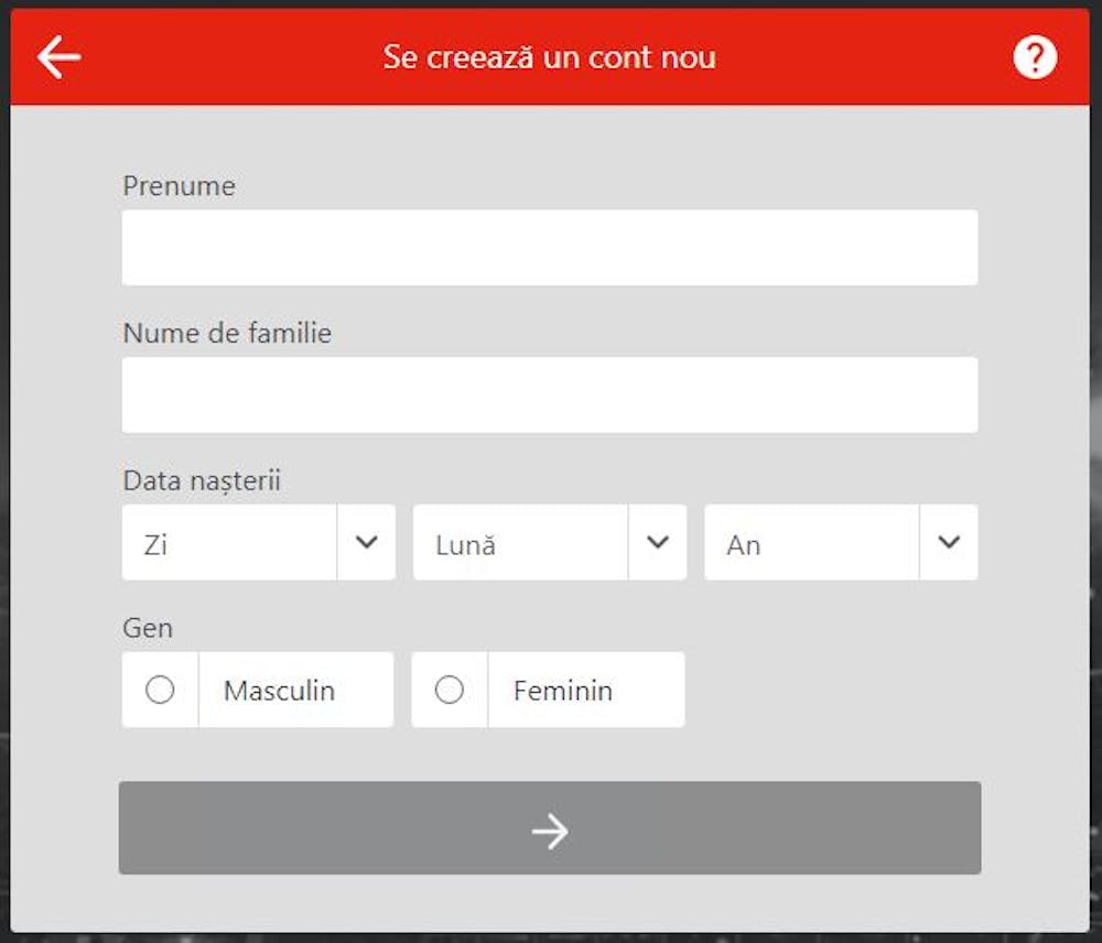 Completează nume, data nașeterii și genul, în timpul procesului de înregisstrare Winbet.