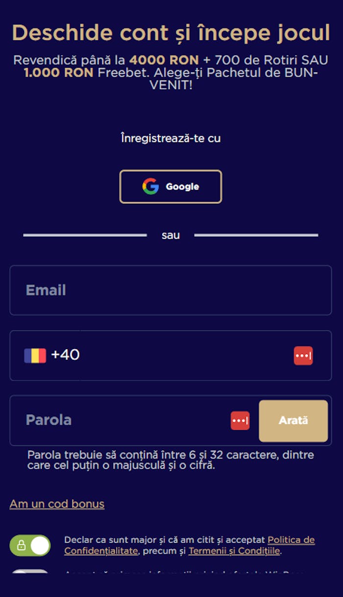 Pagina de înregistrare de la Winboss casino România unde scrii numărul de telefon și acepți regulile..
