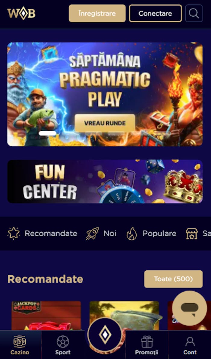Prezentarea Winboss casino online cu meniuri principale de la turnee eligibile la Fun Center și categorii de jocuri.