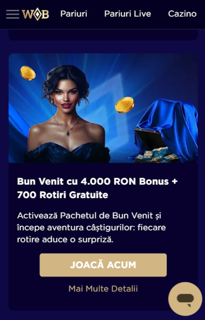 Oferta bonus de bun venit la Winboss include până la 4.000 RON și 700 rotiri gratuite.