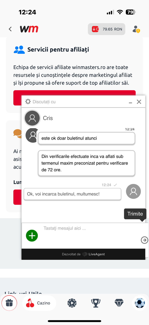 Discuție în live chat cu un agent de la Winmasters cazino.