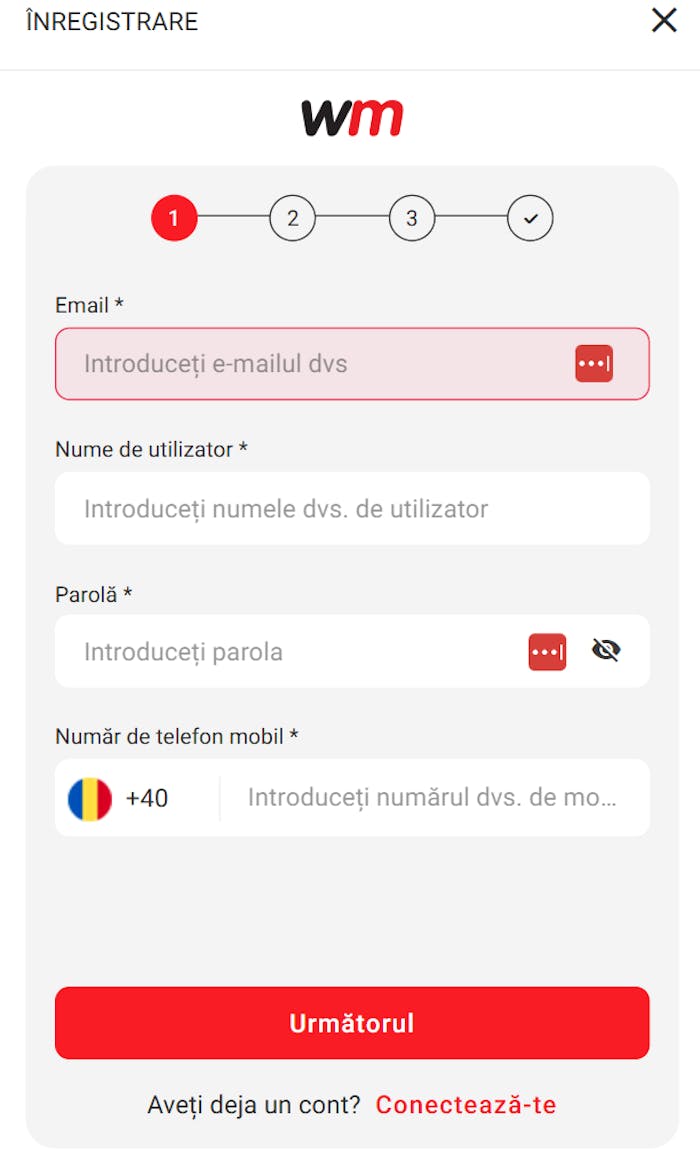 Primul pas pentru deschiderea contului Winmasters casino Romania cu e-mail, nume utilizator și parolă.