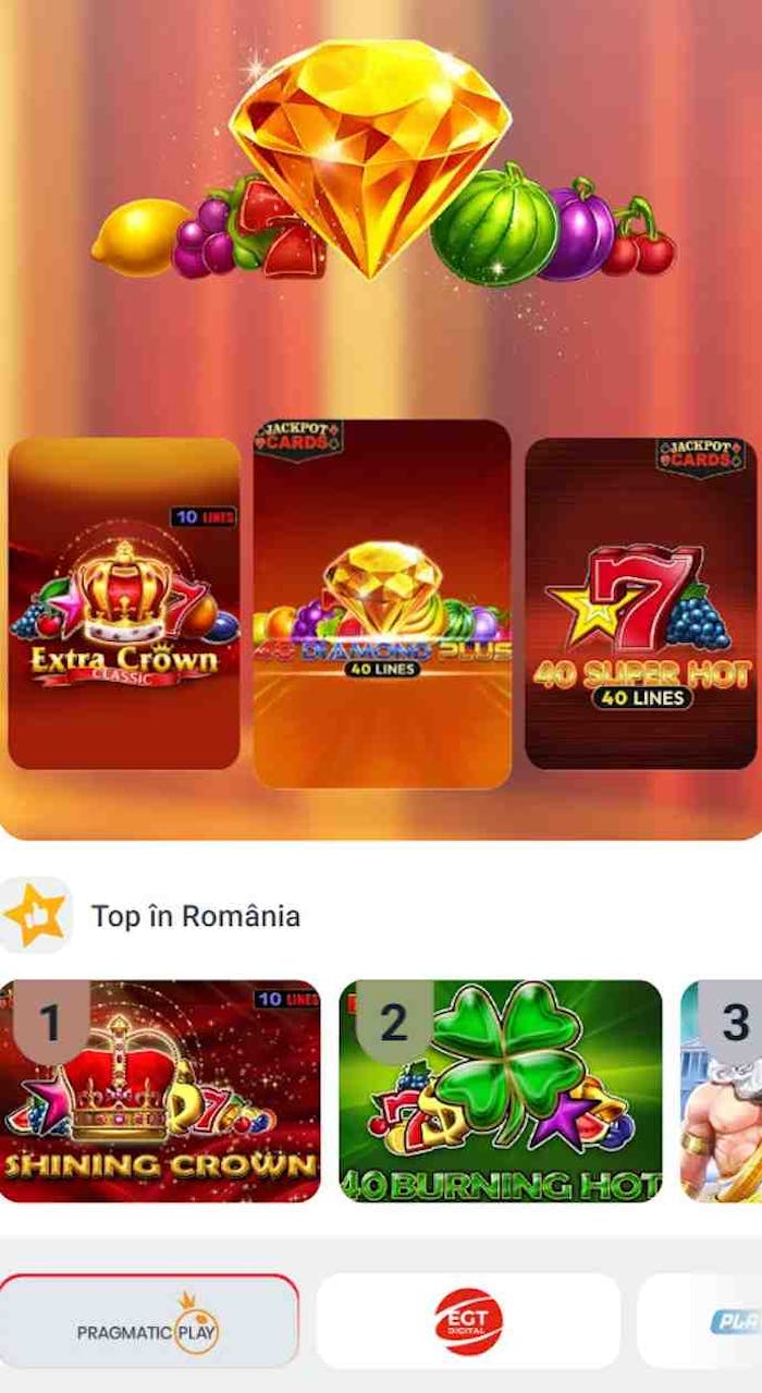 Exemplu cu selecția de jocuri de pe casino Winmasters și sloturile cunoscute precum Shining Crown.