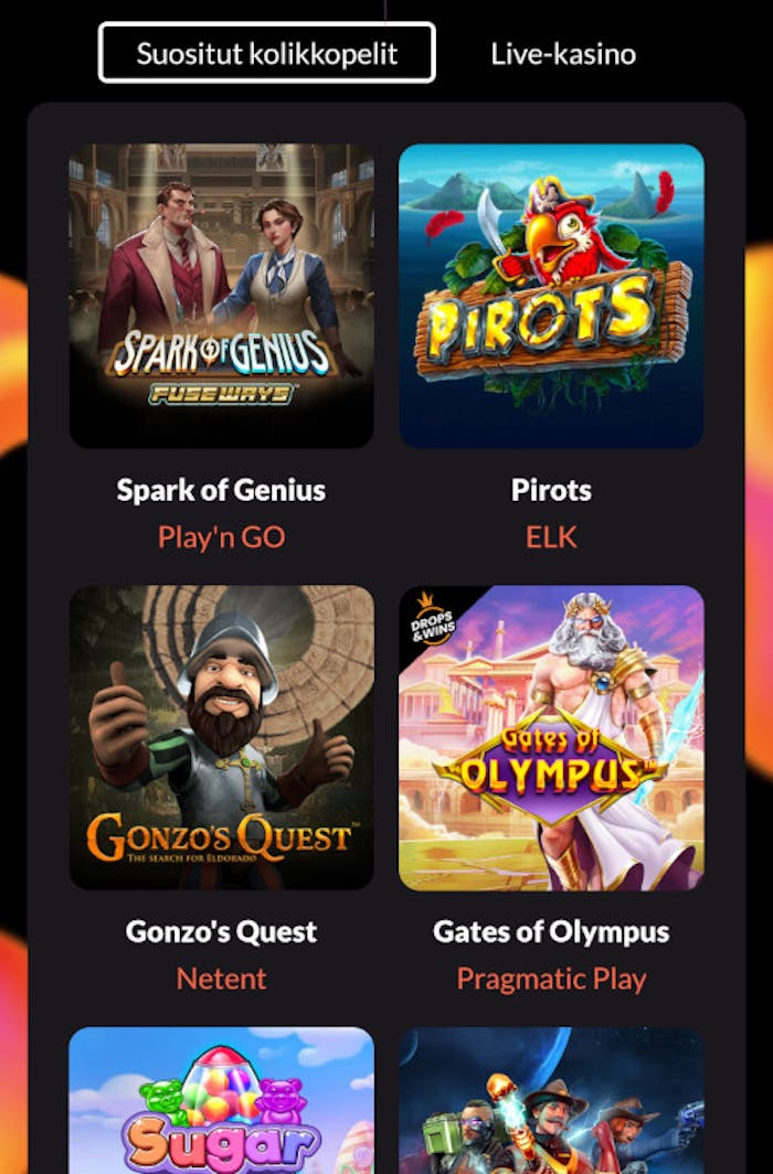 Exemplu cu selecția de jocuri Winboss Romania în care vezi sloturi ca Spark of Genius sau Gates of Olympus.