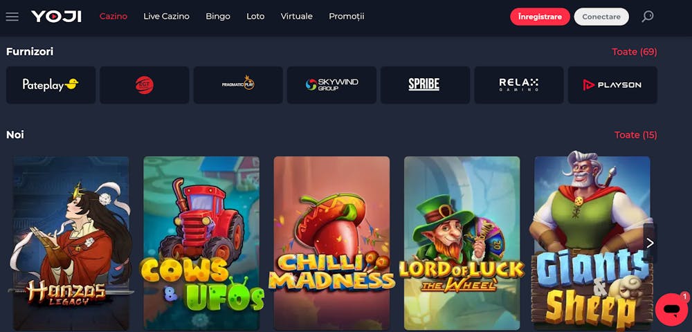 Prima pagină a cazinoului online Yoji.