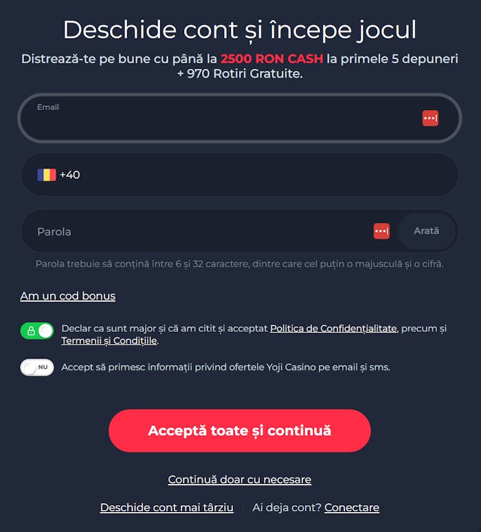 Completează e-mail, telefon și parola pentru inregistrarea pe Yoji casino Romania.