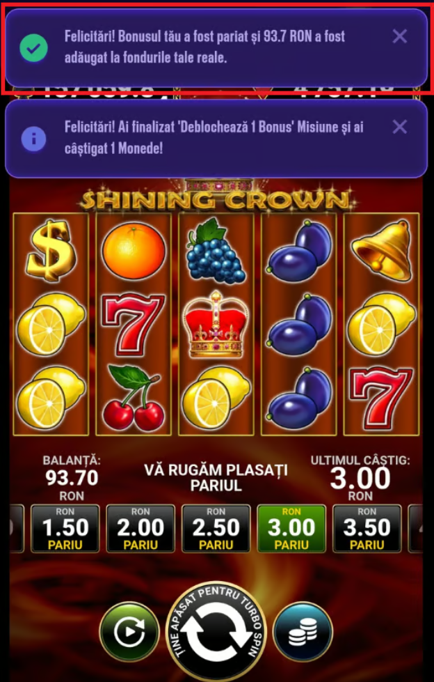 Dovadă finalizare rulaj la casino prin notificare în timp ce mă jucam la Shining Crown.
