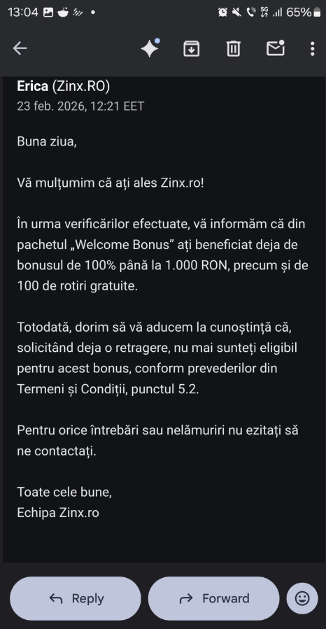 Replică Zinx casino pentru bonusul de bun venit ales odată cu retragerea solicitată.